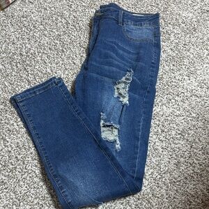 High-Rise Distressed Skinny Jeans - Dark Blue